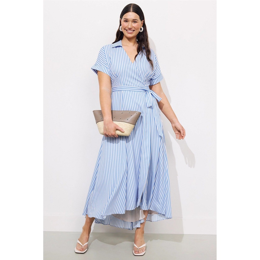 NWT Hutch Blue Vertical Striped Wrap Maxi Johnnie Dress, Short SleeveS Small